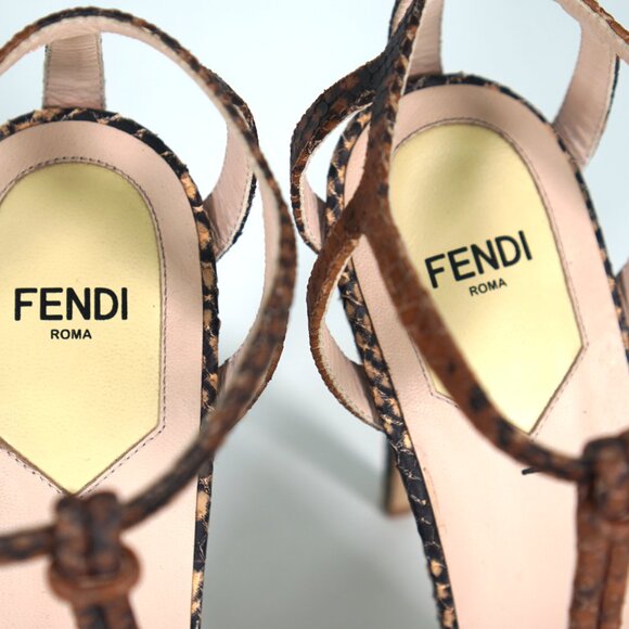 Fendi Brown/Yellow Python Embossed Leather Strappy Platform Sanel Size 8.5 - Picture 4 of 5
